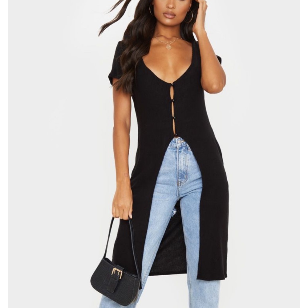 Brushed Rib Button Short Sleeved Longline Top